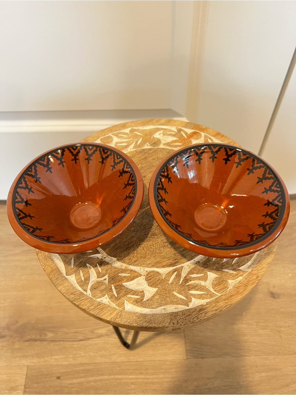 Hand-Painted Moroccan Terracotta Bowls - Set of 2 - Rust Orange with Black Trim